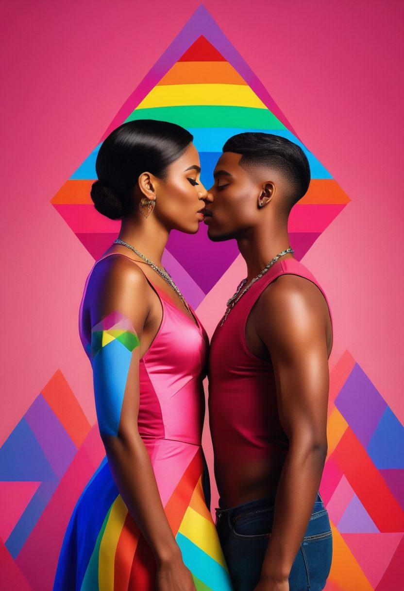 A vibrant and eclectic collage showcasing diverse LGBTQ symbols, erotic art styles, and various cultural representations of love and attraction. Include silhouettes of couples in intimate poses, intertwined with bold colors and geometric patterns to convey passion and diversity. The background should hint at different eras of queer history, blending past and present seamlessly. super-realistic. vibrant colors. bold patterns.